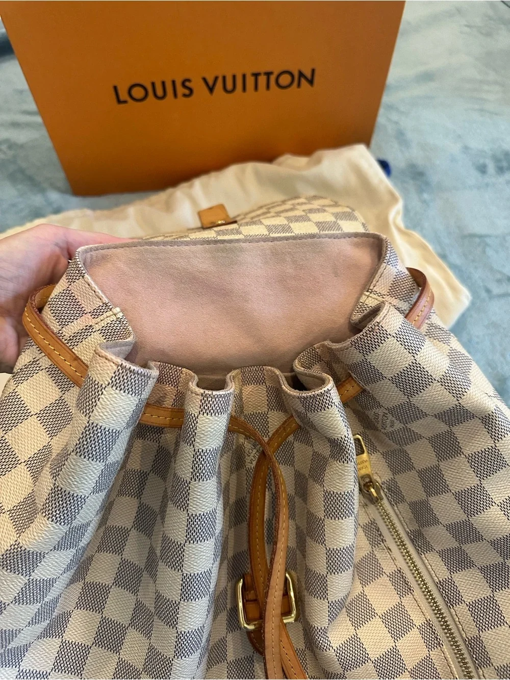 Louis Vuitton Damier Azur Check Canvas Backpack with Tan Leather Trim